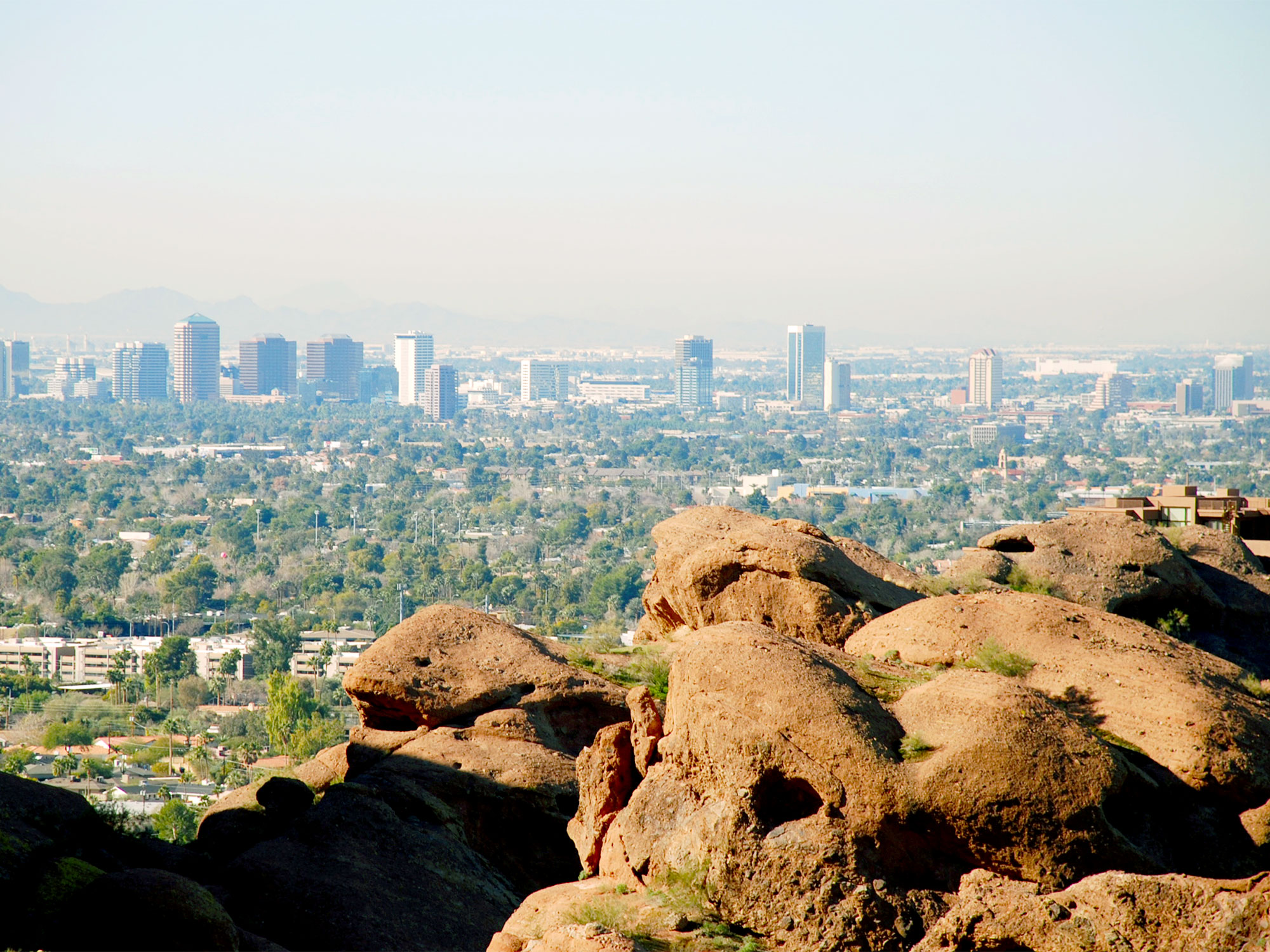 View of downtown Phoenix skyline from mountaintop lookout