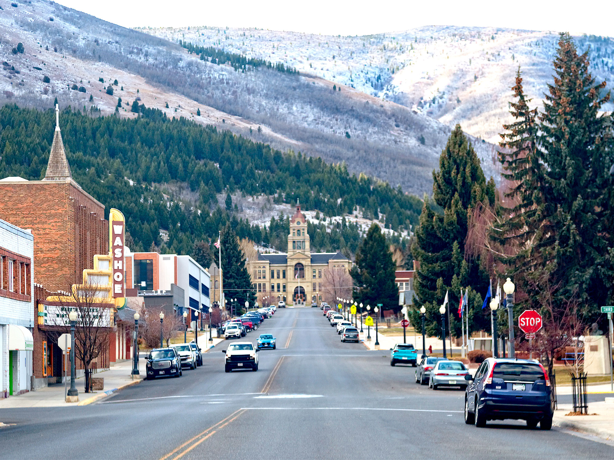 Street in Anaconda, Montana, with view of surrounding mountains
