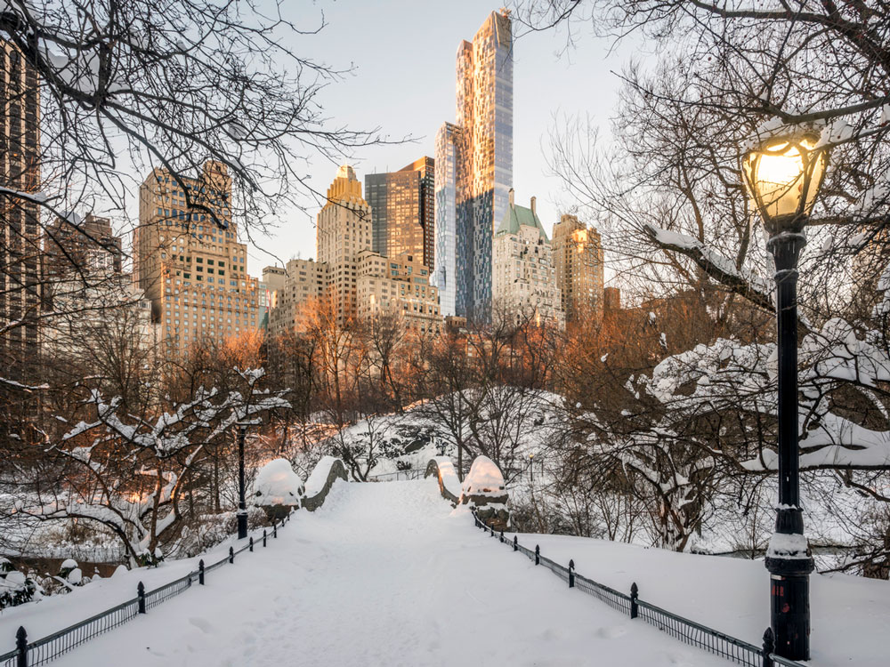 New York City's Central Park covered in snow in winter