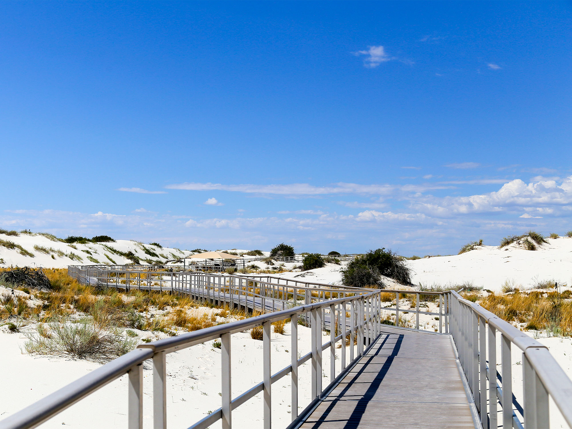 Pathway over white sand dunes of White Sands National Park in New Mexico