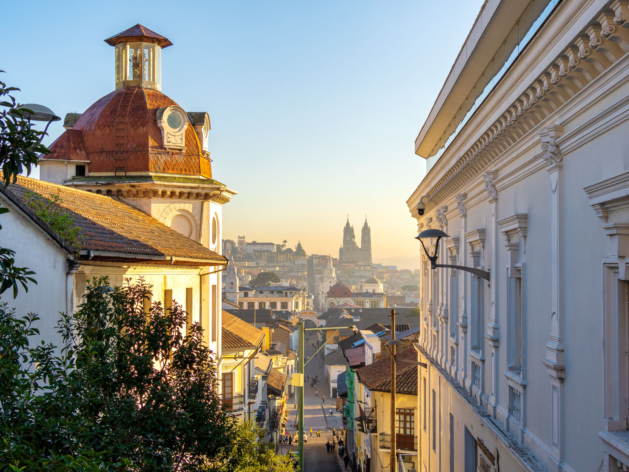 View of Quito, Ecuador, cityscape between buildings