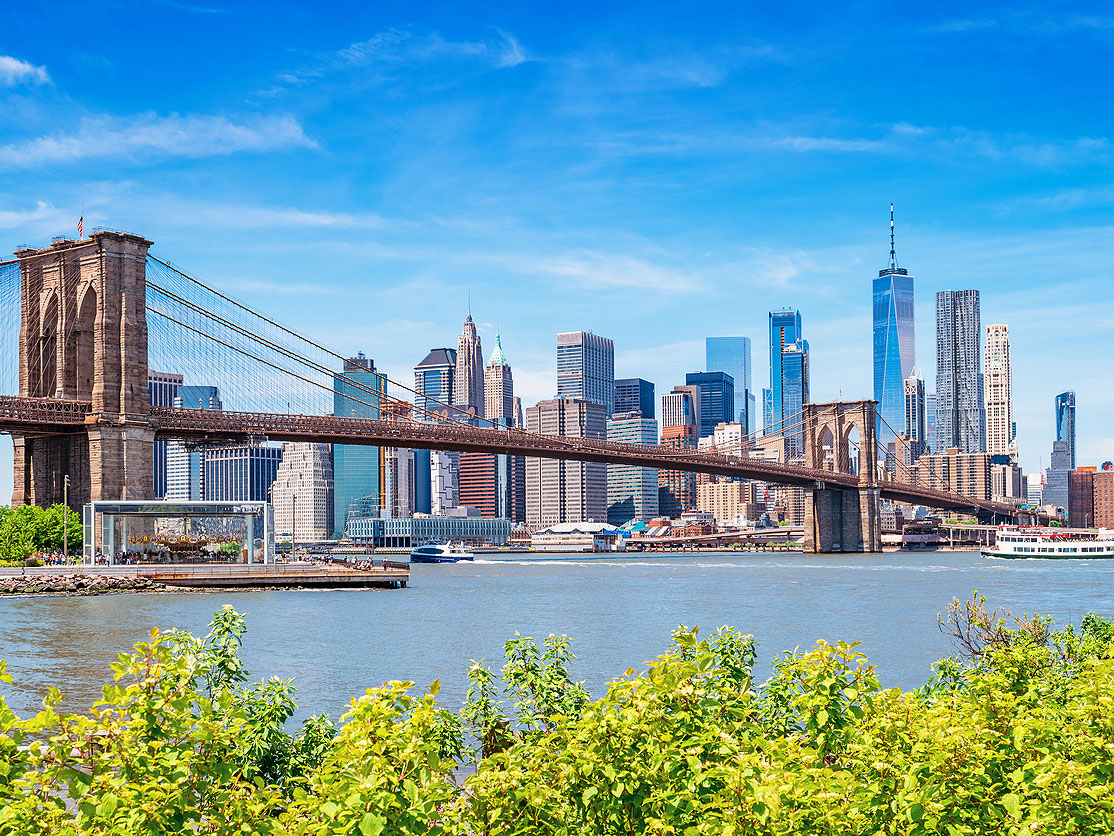View of Brooklyn Bridge and skyline of Lower Manhattan borough of New York City