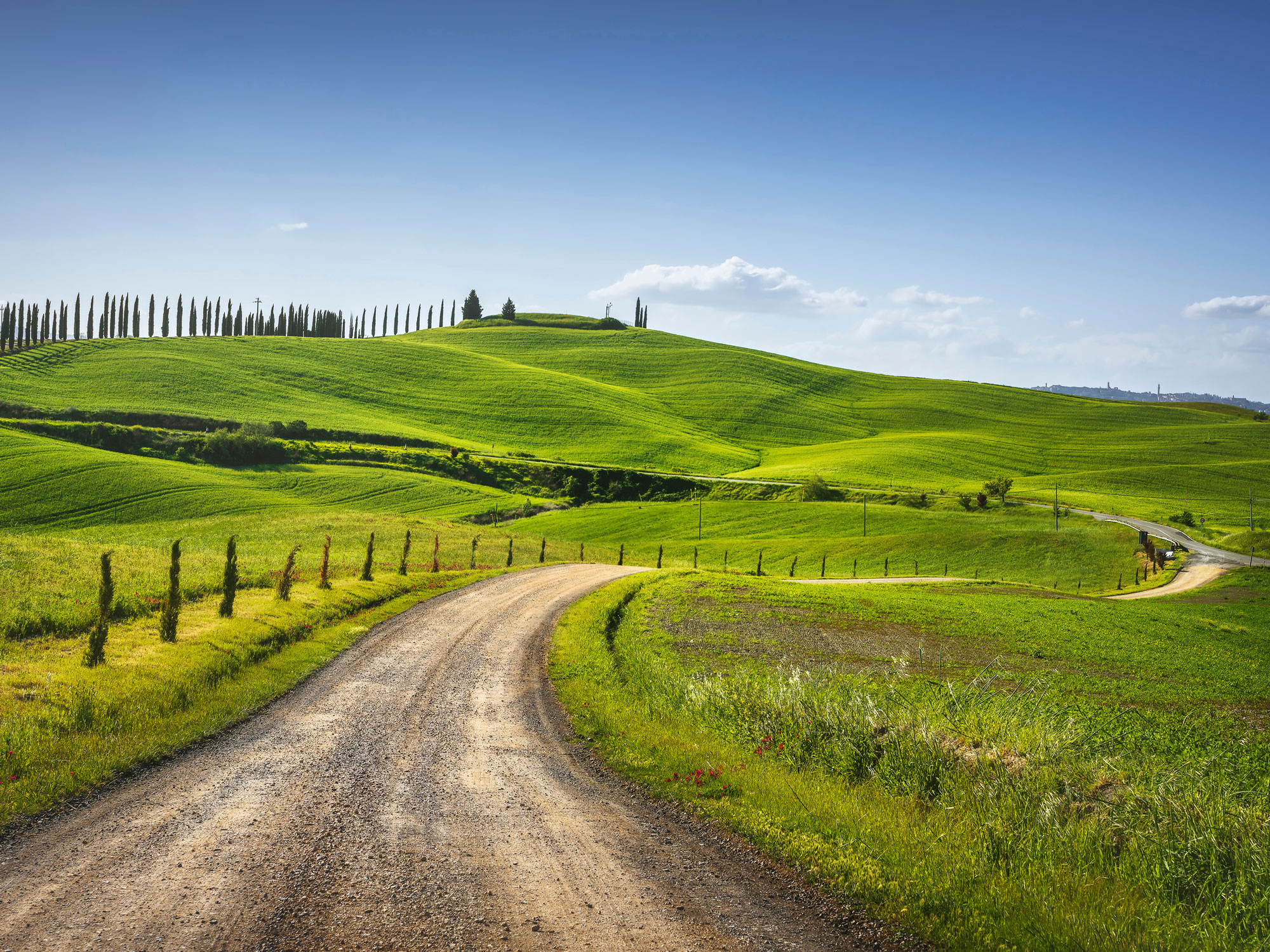 Winding dirt path through hilly Italian countryside