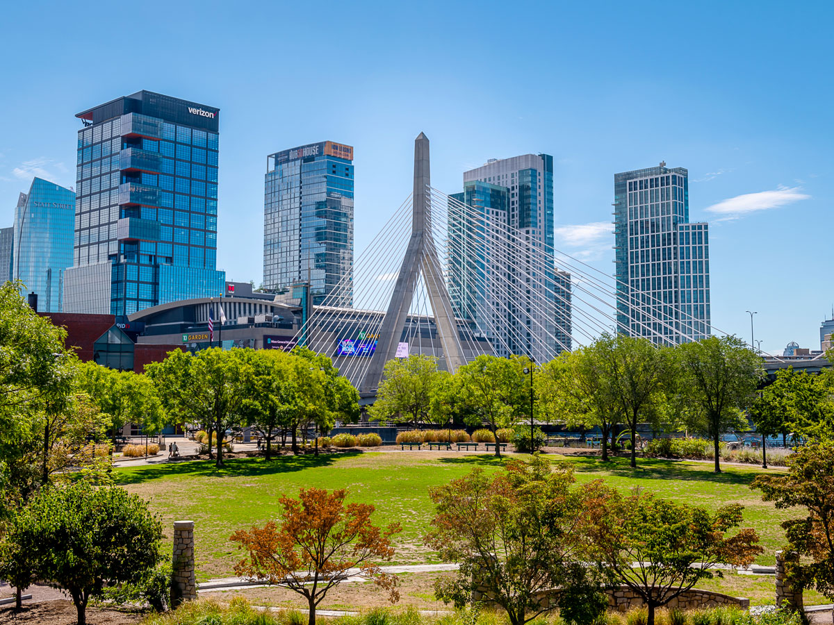 Park, bridge, and skyscrapers in Boston, Massachusetts