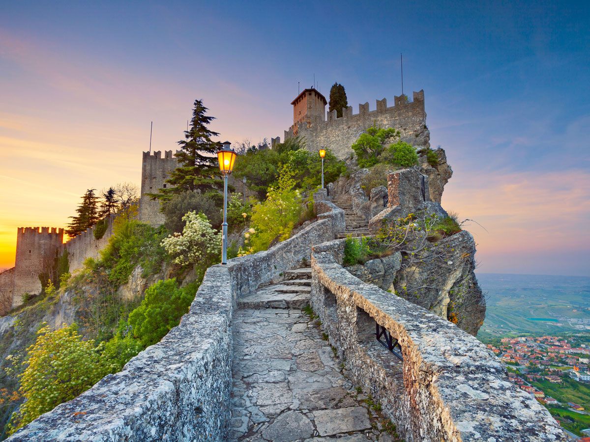 Stone pathway leading to hilltop fortress in San Marino