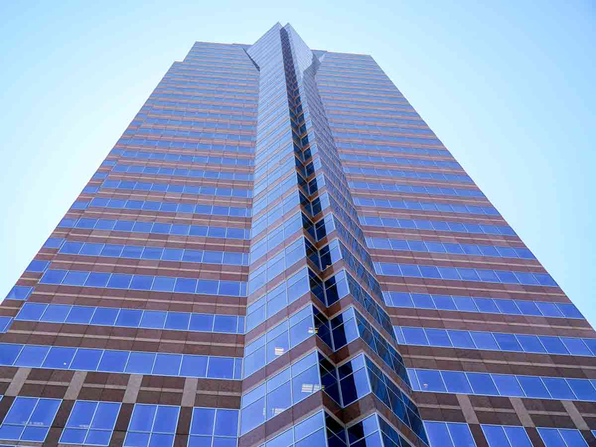 View upwards at street level of Fox Plaza in Los Angeles, California