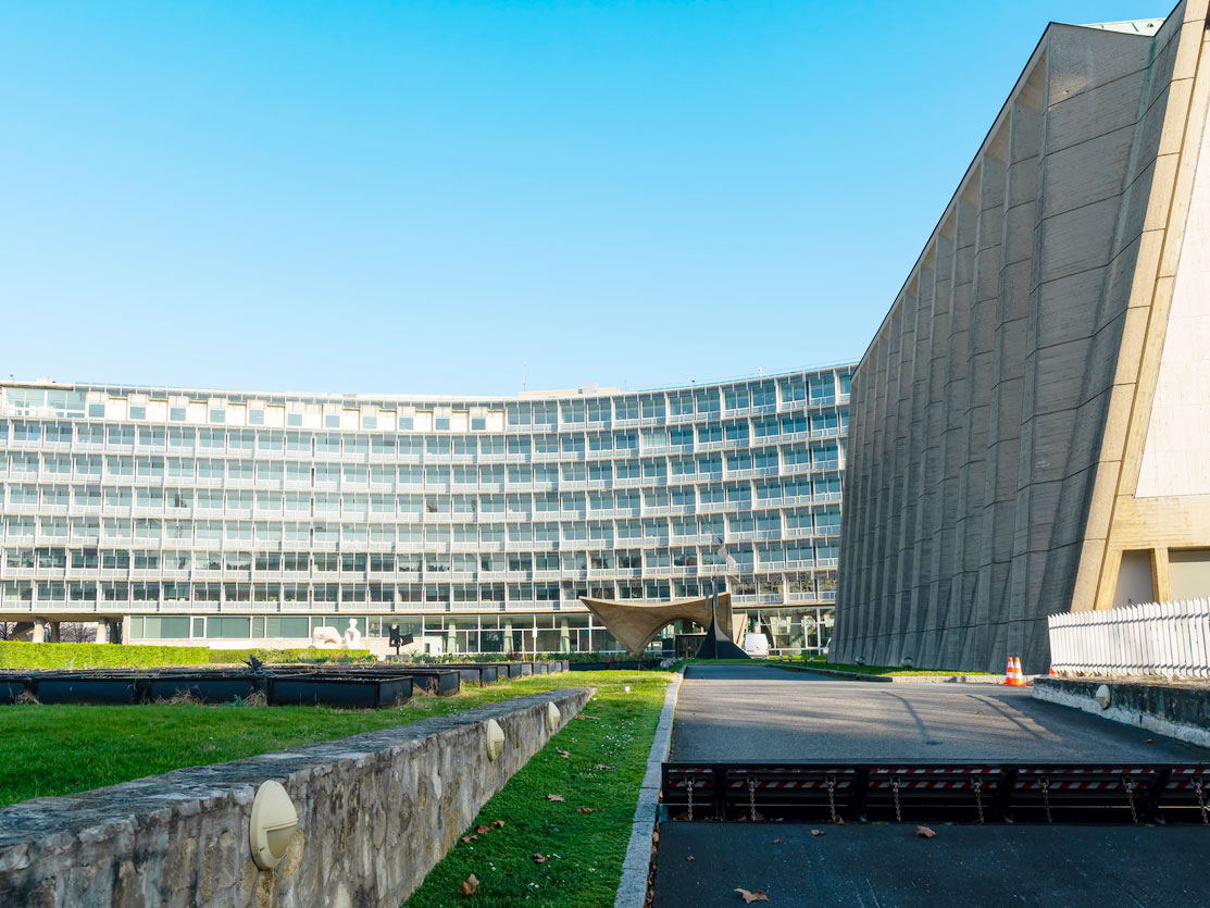 Gardens and exterior of UNESCO Headquarters in Paris, France