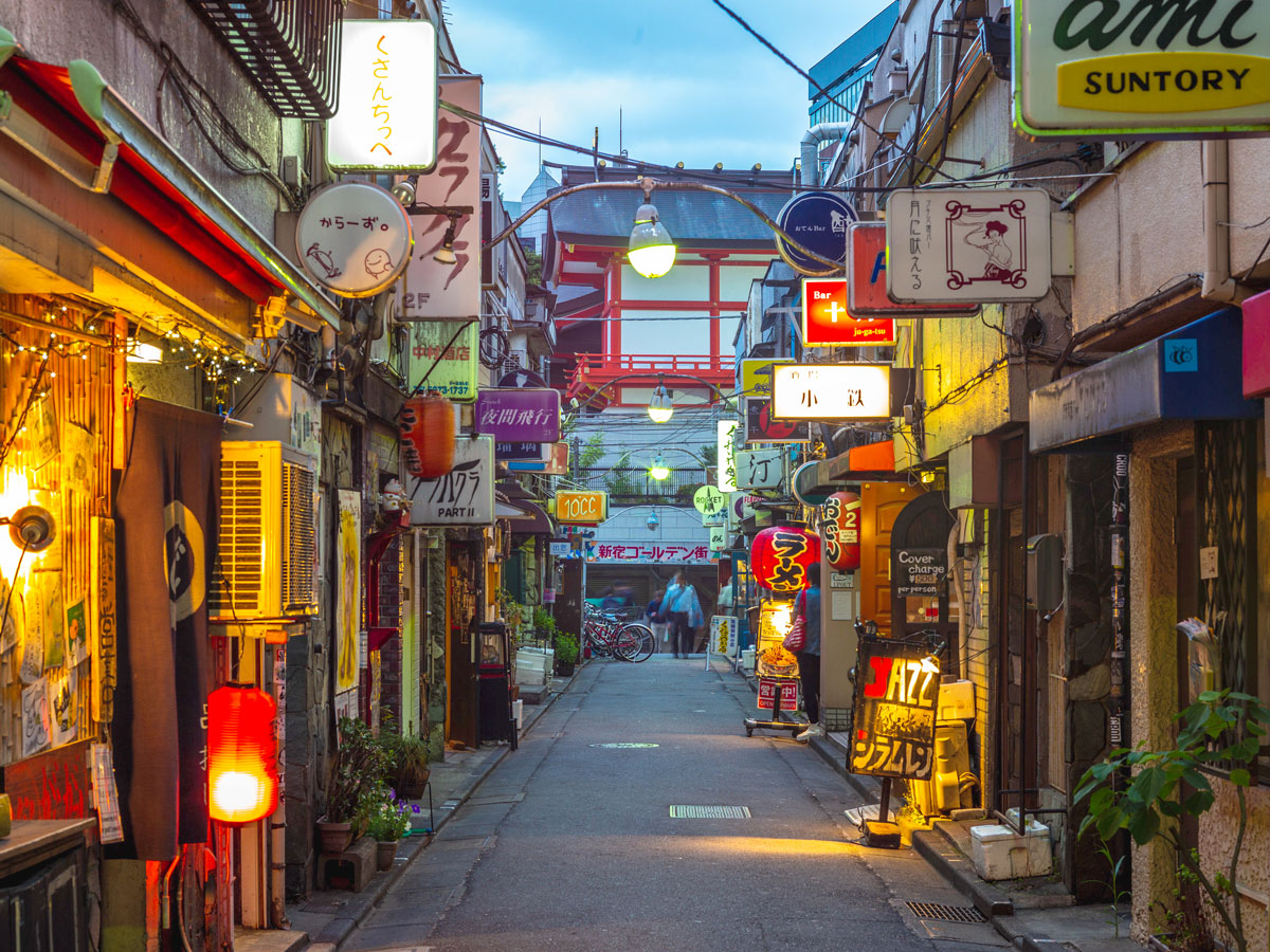 Alleyway lined with izakaya bars in Tokyo's Golden Gai district