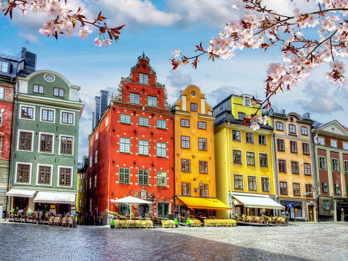 Colorful row homes along city square in Stockholm, Sweden
