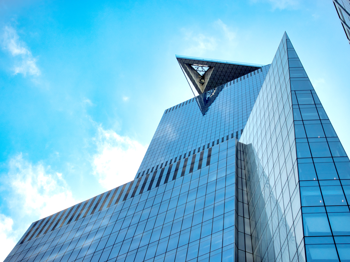 View from street level of triangular Edge observation deck jutting from skyscraper in New York City