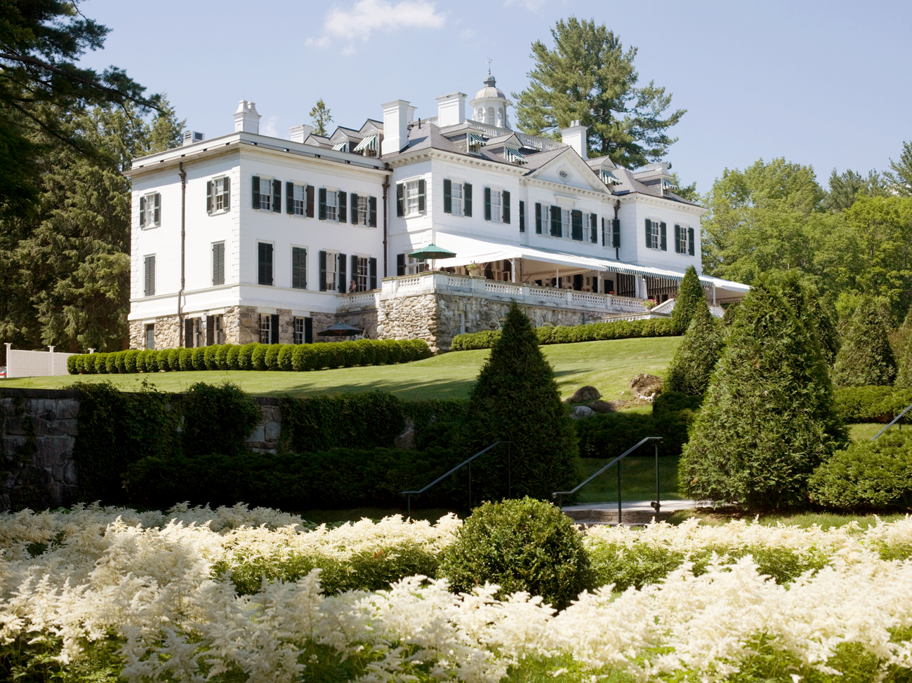 Exterior of the Mount mansion, seen from gardens, in Lexington, Massachusetts