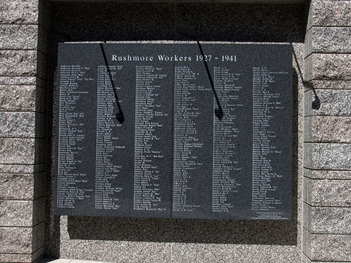 Monument displaying names of construction works of Mount Rushmore