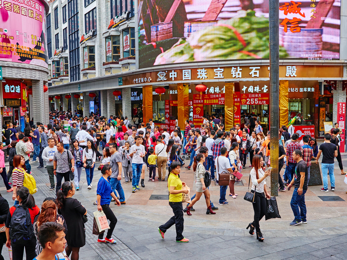 Busy pedestrian street in Guangdong, China