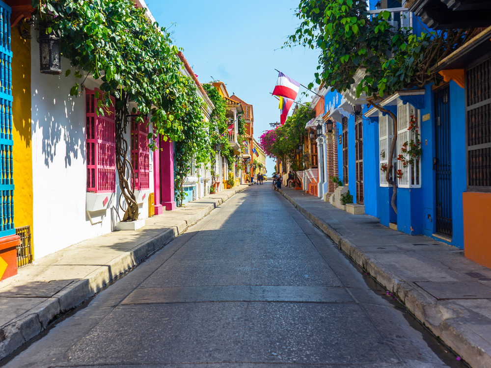 Colorful homes lining narrow street in Old Town Cartagena, Colombia