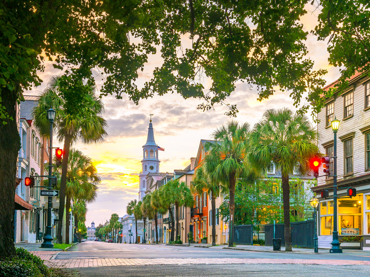 Colorful buildings of Charleston seen at sunset