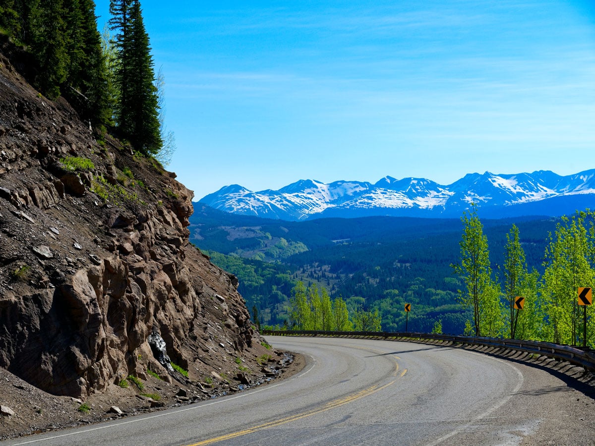 San Juan Skyway curving along mountainside in Colorado's Rocky Mountains