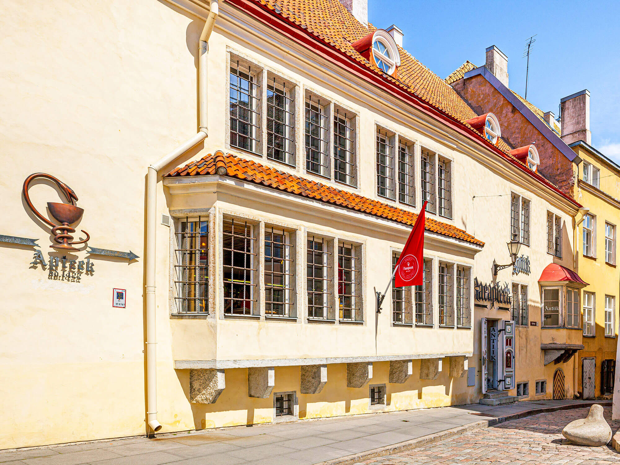 Exterior of historic Raeapteek pharmacy in Tallin, Estonia