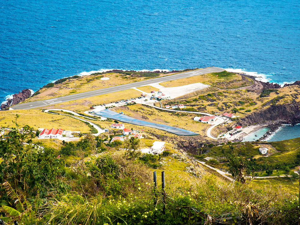 Overview of Juancho E. Yrausquin Airport in Saba from hilltop overlook