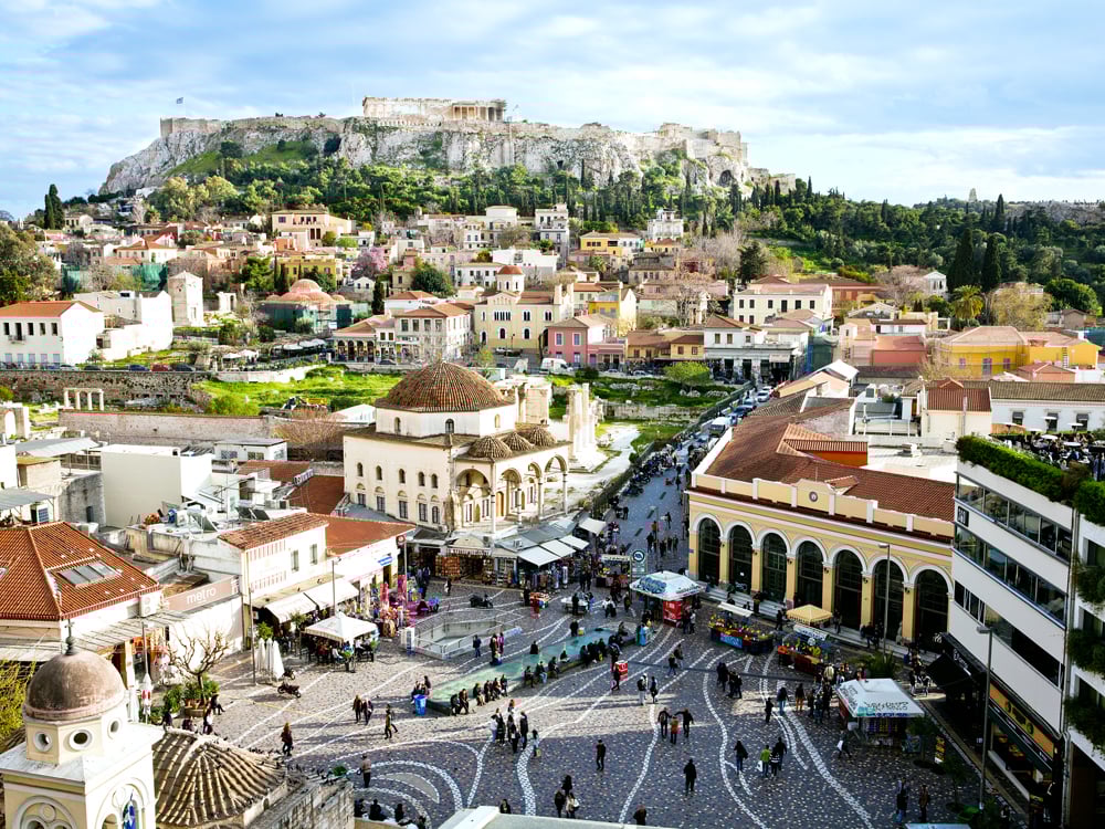 Aerial view of Athens, Greece, with hilltop Acropolis in background
