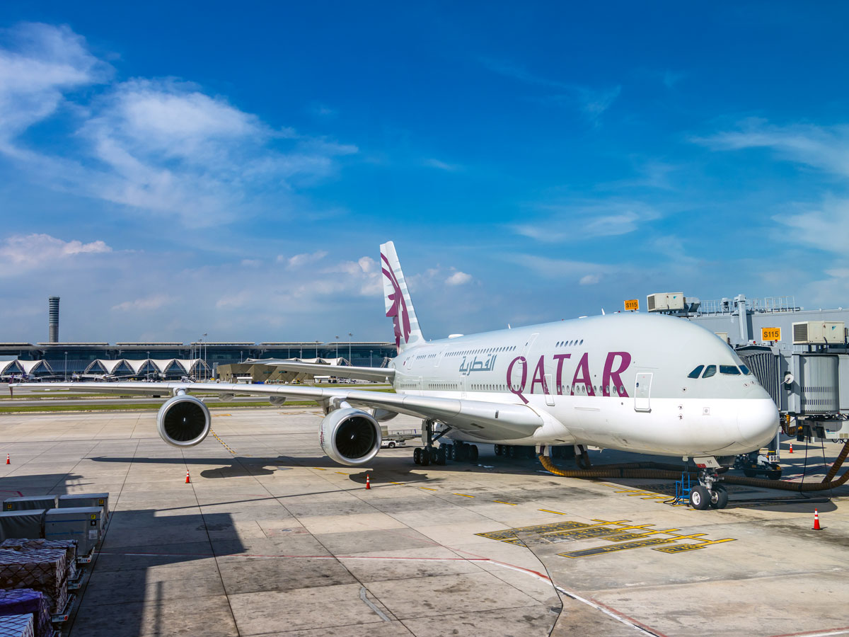 Qatar Airways Airbus A380 parked at gate