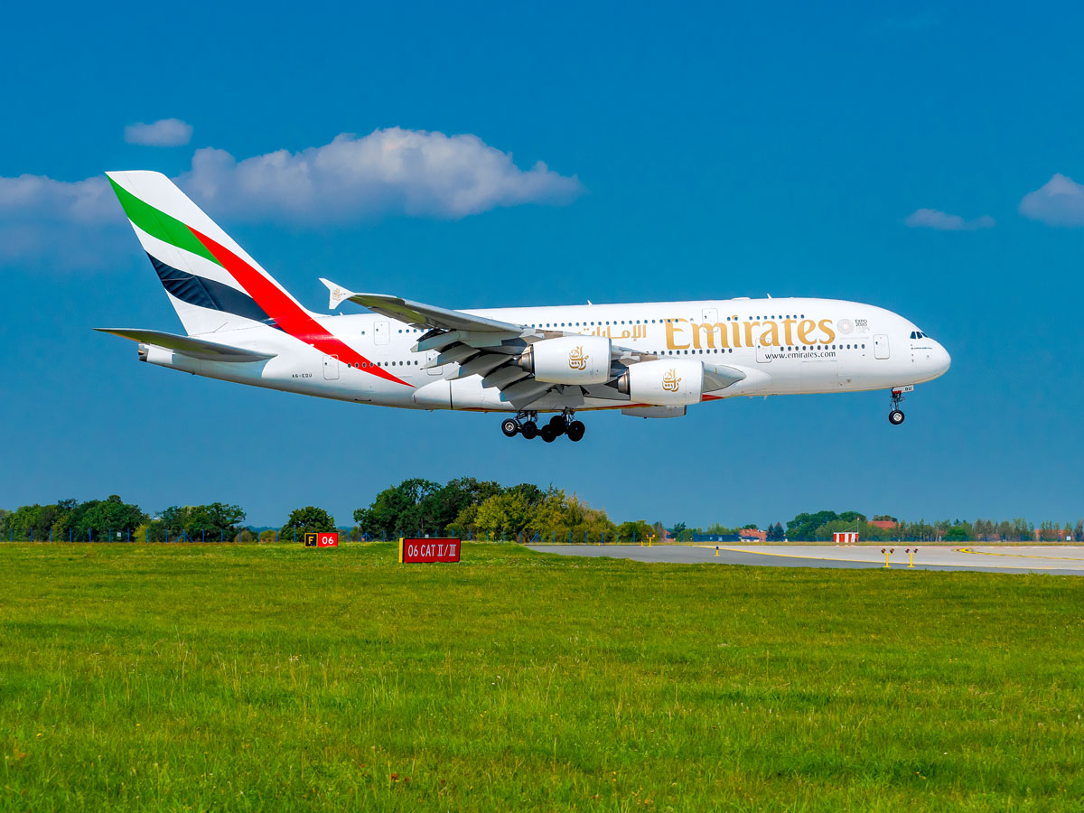 Emirates Airbus A380 landing at Prague Airport in Czechia