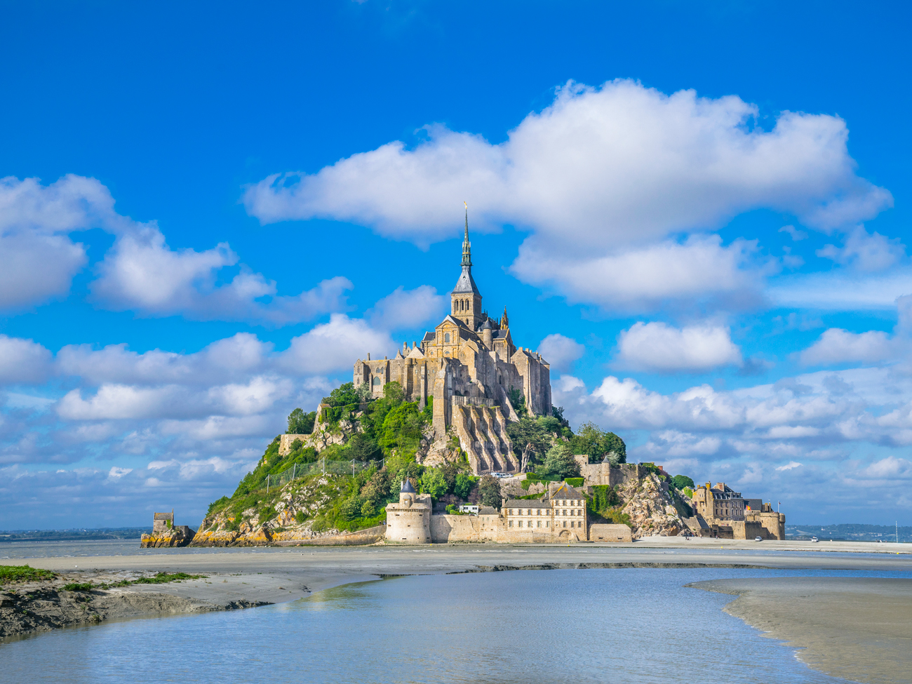 Tidal island of Mont-Saint-Michel, France, crowned by Benedictine monastery