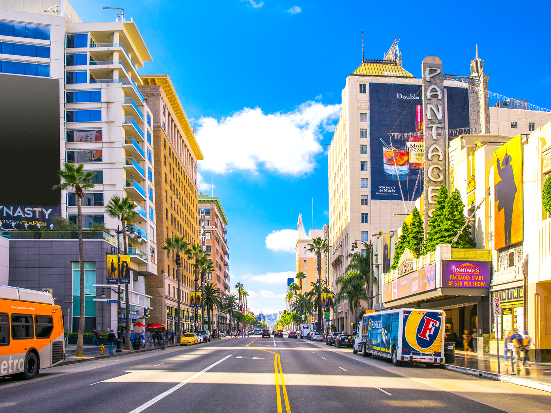 Pantages Theater marquee alongside empty street in Hollywood, Los Angeles, California
