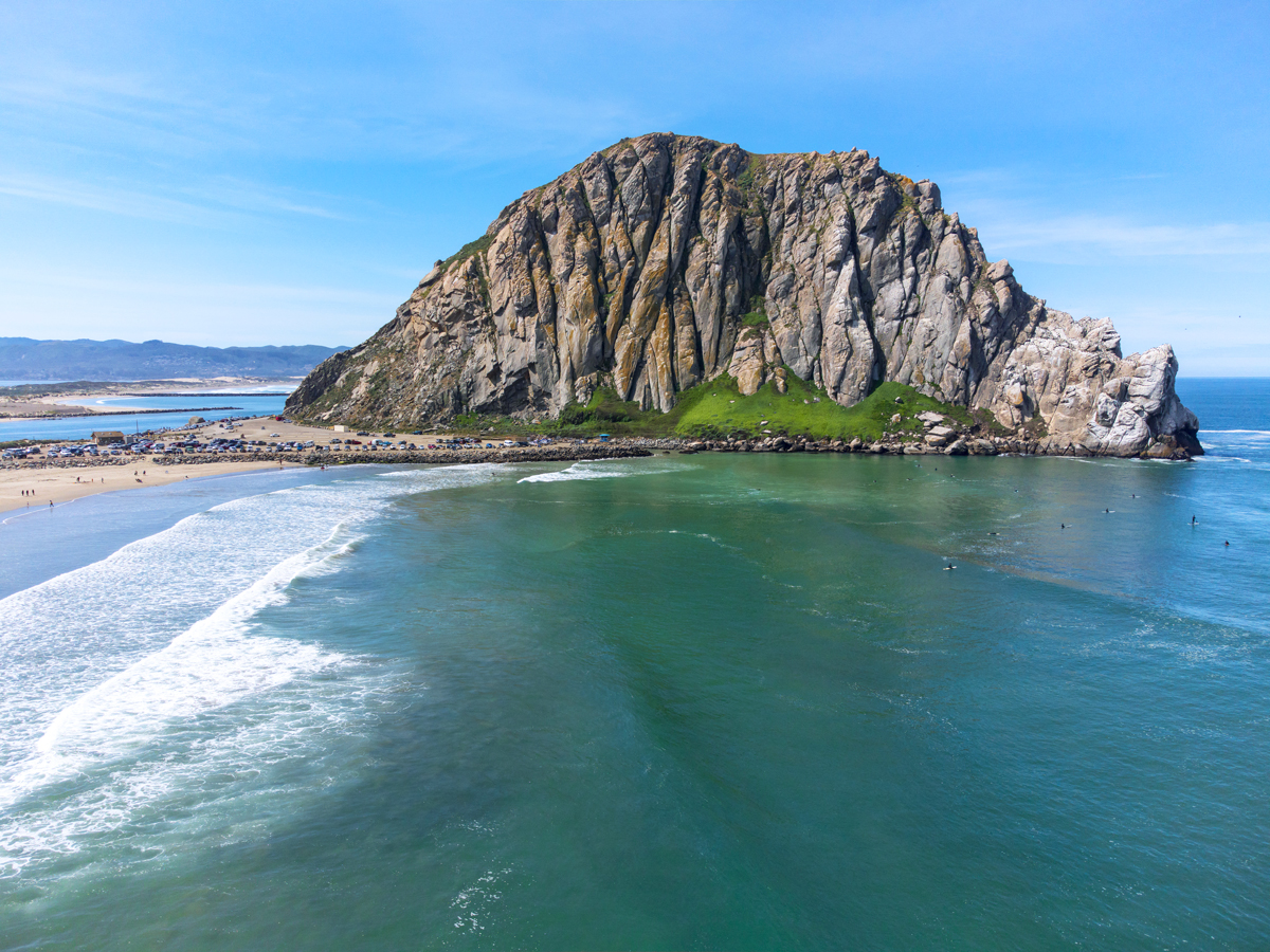 Morro Rock off coast of Morro Bay, California, seen from above