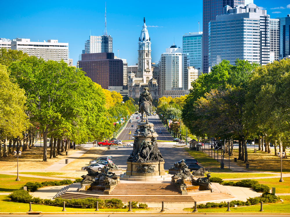 Fountain and statue looking toward City Hall in downtown Philadelphia, Pennsylvania
