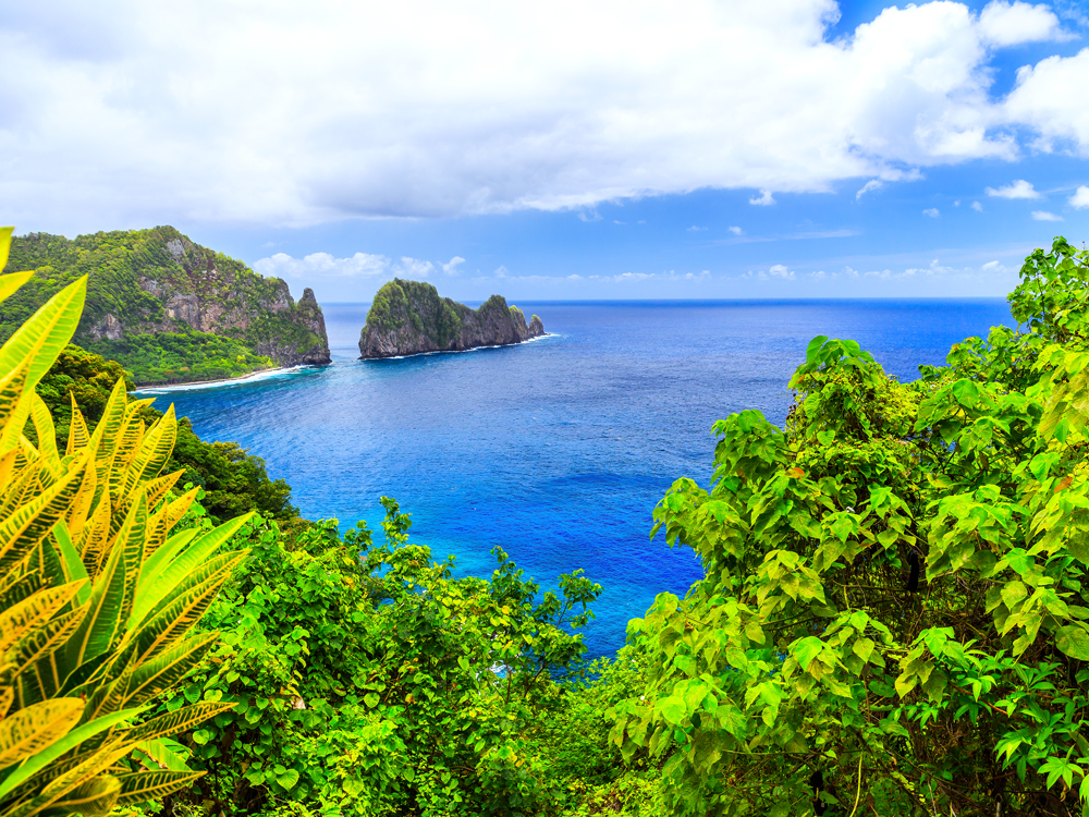 View between tropical foliage of bay in American Samoa