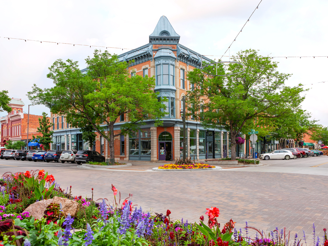 Street corner lined with flowers in Fort Collins, Colorado