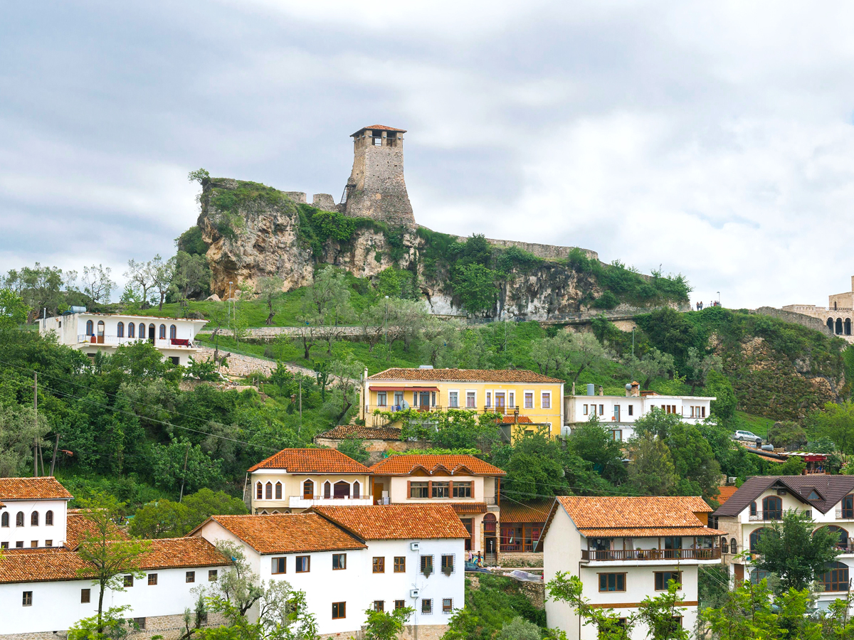 View of Krujë Castle in Albania on hilltop in distance