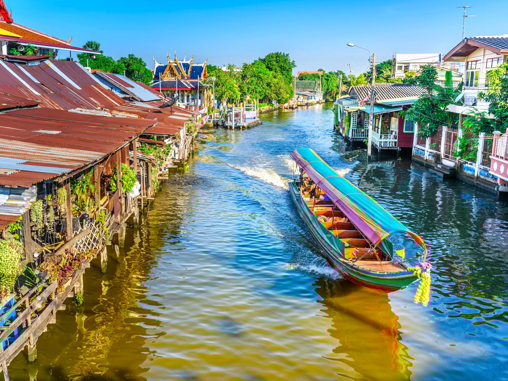 Aerial view of longtail boat in khlong (canal) of Bangkok, Thailand
