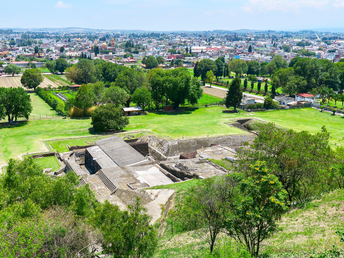Aerial view of visible portion of Great Pyramid of Cholula in Mexico