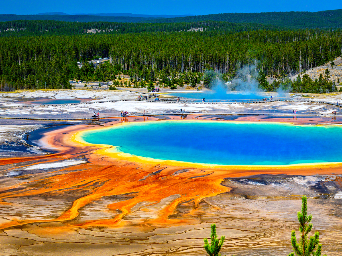 Rainbow hues of Yellowstone's Grand Prismatic Spring, seen from above