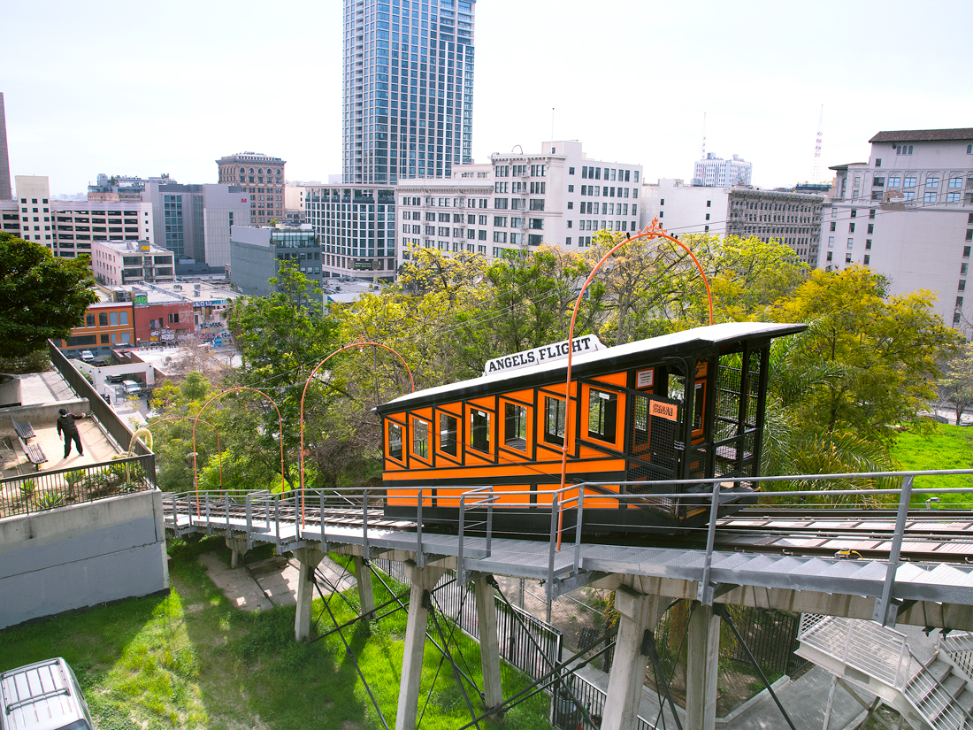 Angels Flight funicular surrounded by high-rise buildings of downtown Los Angeles, California