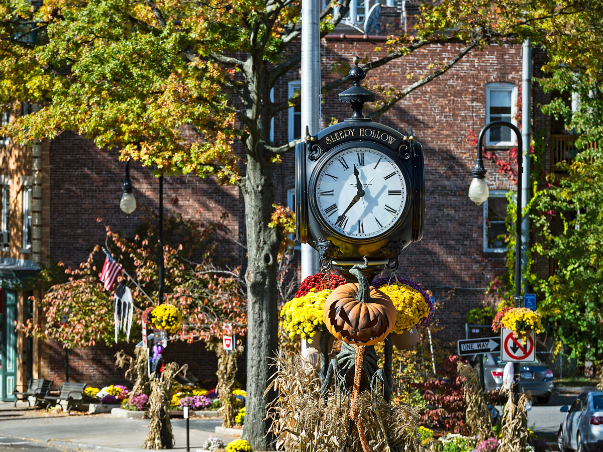 Clock and Halloween decorations in Sleepy Hollow, New York
