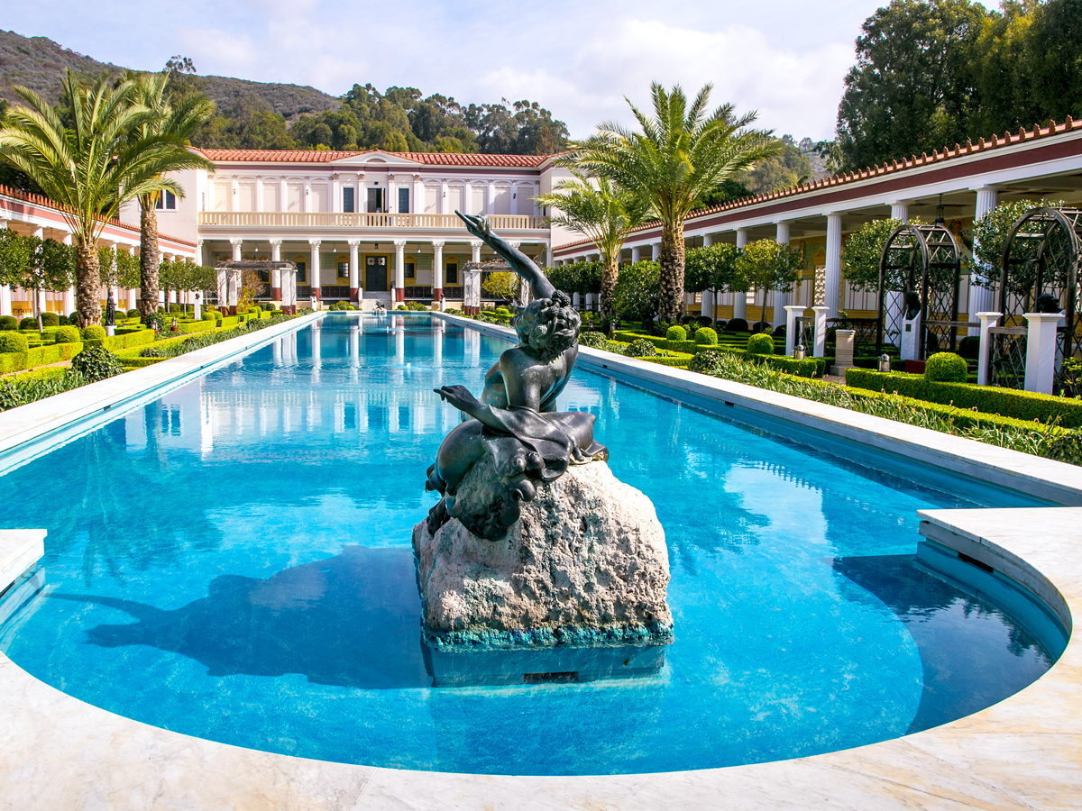 Statue and pool in courtyard of the Getty Villa in Los Angeles, California
