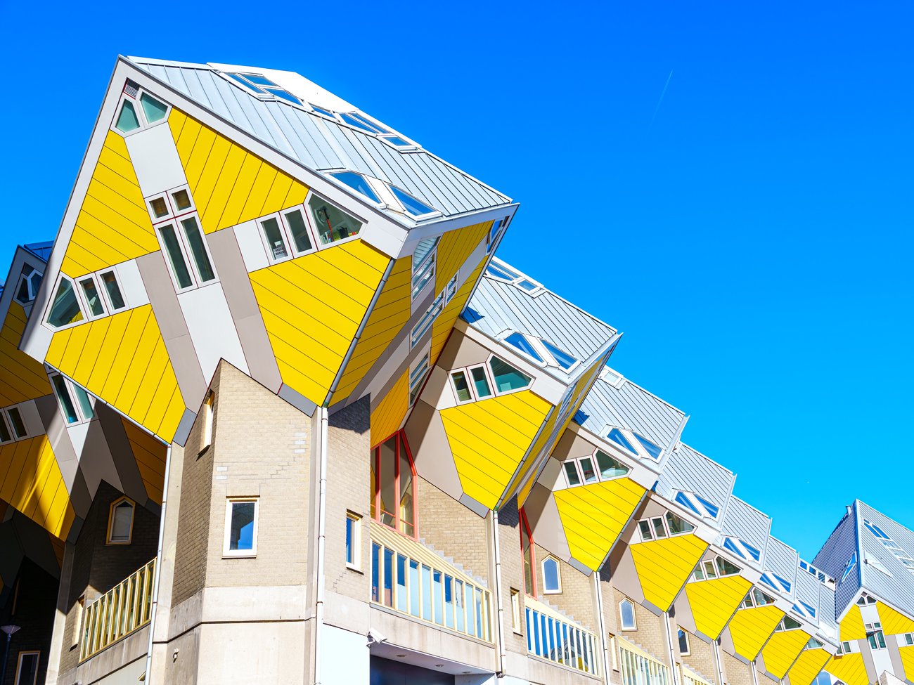Unique slanted cubes of Kubuswoningen apartments in Rotterdam, The Netherlands