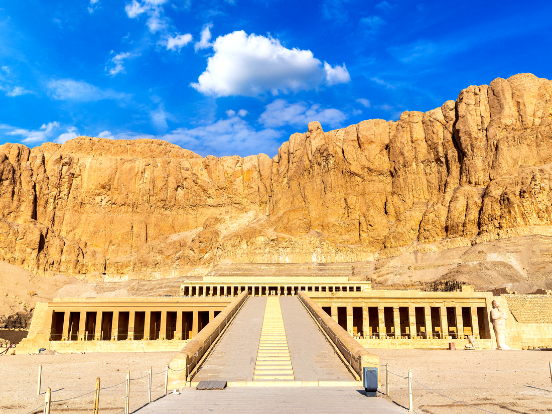 Hatshepsut Temple surrounded by desert and mountains in Luxor, Egypt