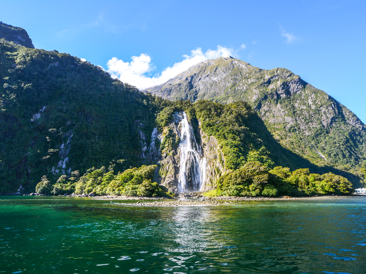 Waterfall along the Milford Sound in New Zealand