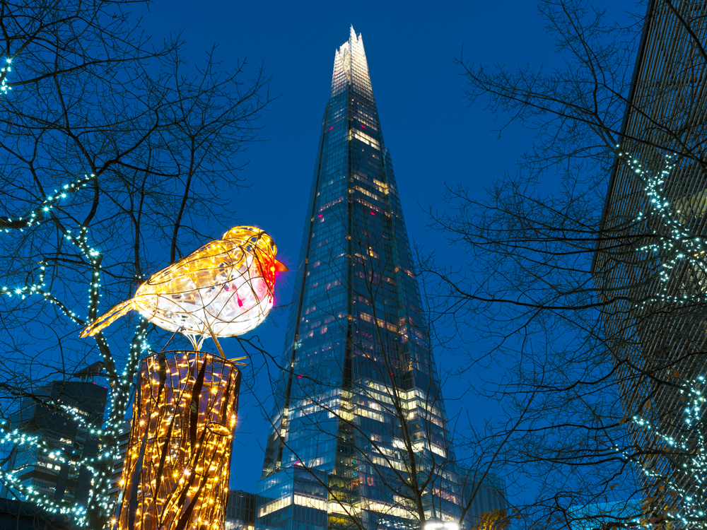 Holiday light decorations in front of the Shard in London, England