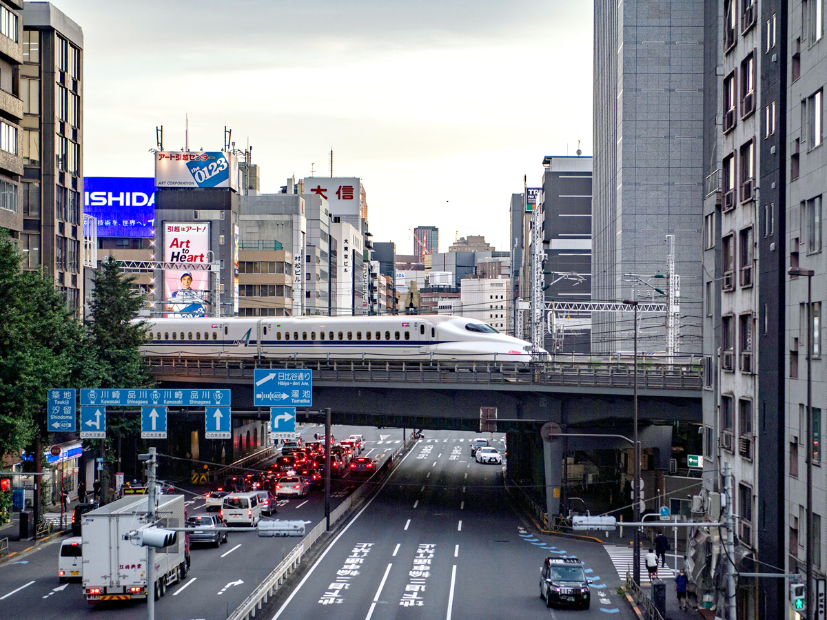 Bullet train on elevated track in Tokyo, Japan