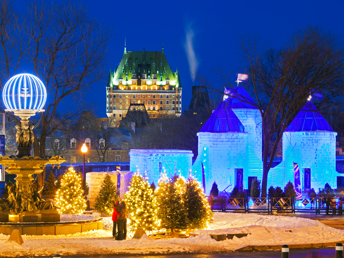 Holiday light decorations with view of Château Frontenac in background