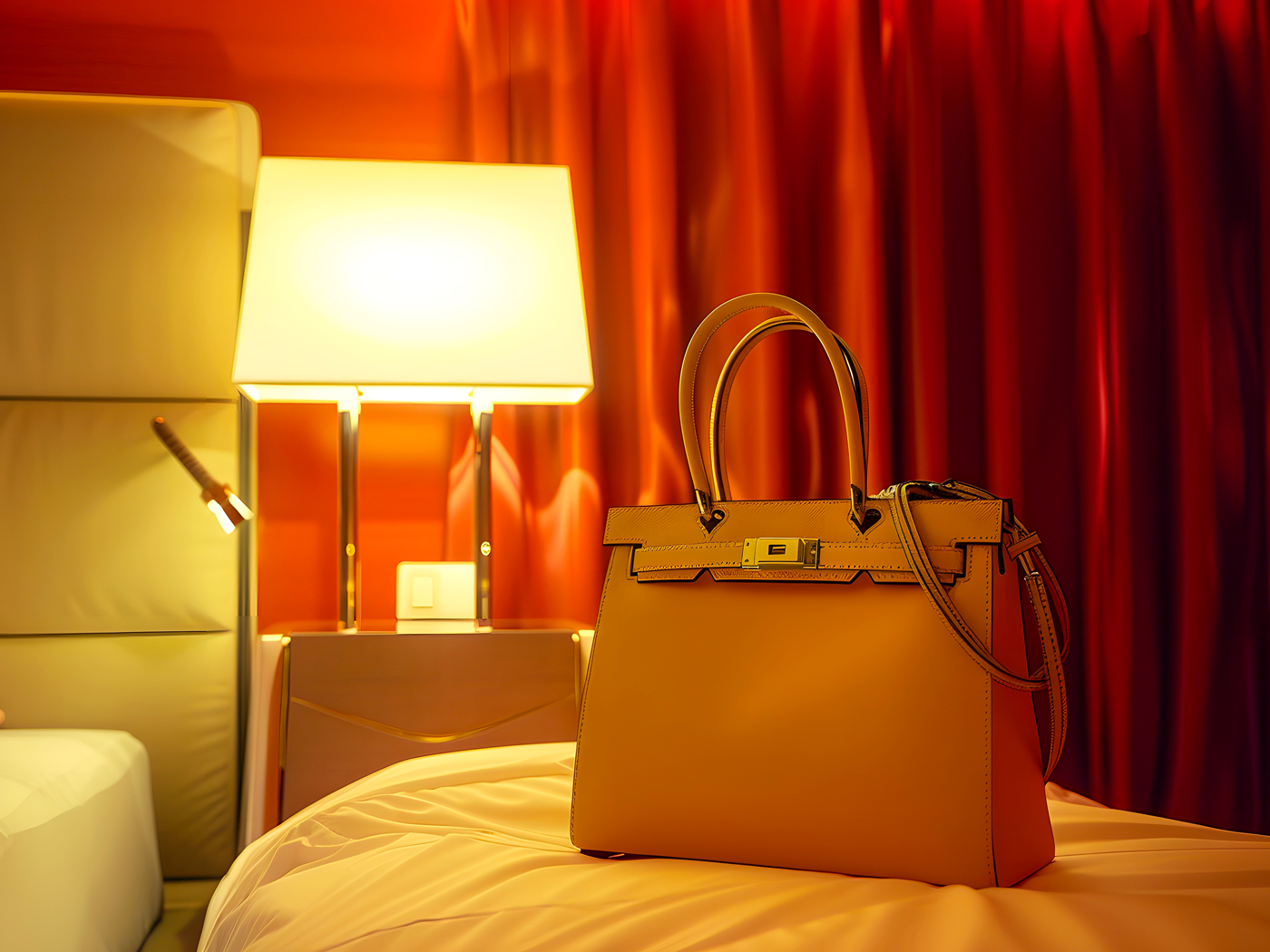 Luxury handbag on hotel room bed