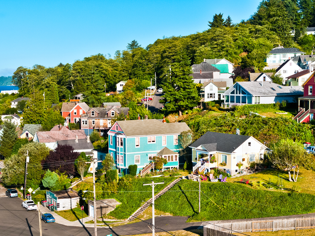 Homes on hillside overlooking coast in Astoria, Oregon