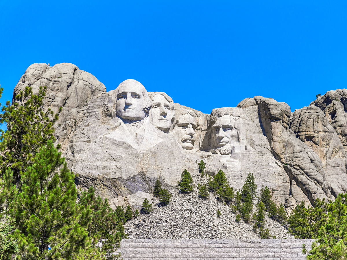 View of Mount Rushmore in Black Hills of South Dakota, featuring carved faces of four presidents