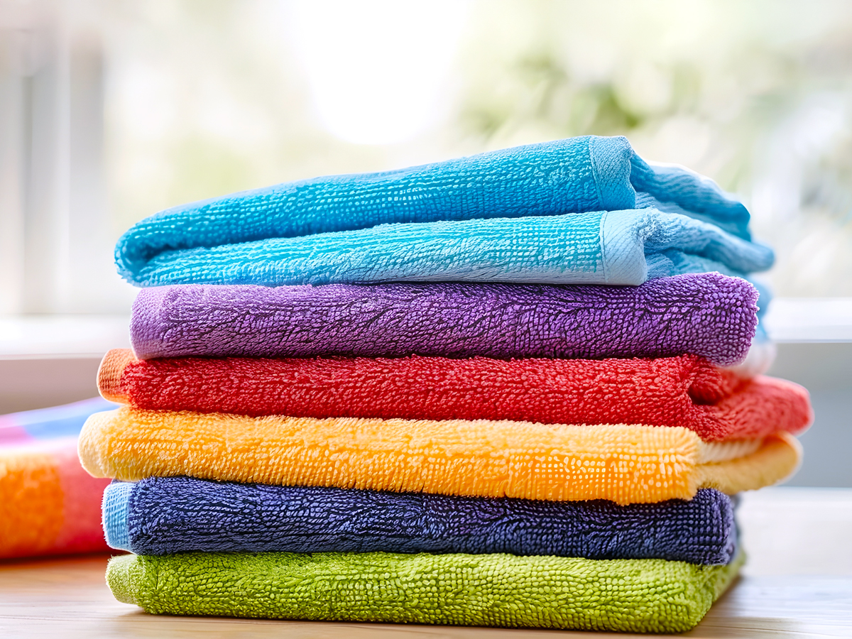 Multi-colored stack of microfiber towels