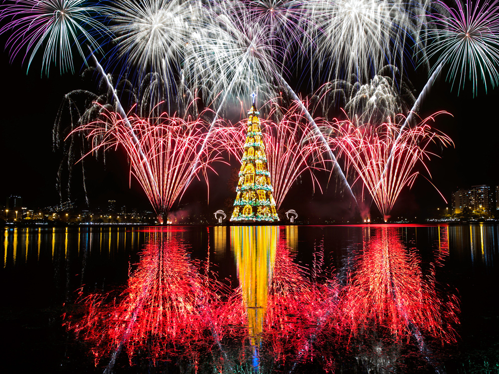 Floating Christmas tree and fireworks display in Rio de Janeiro, Brazil