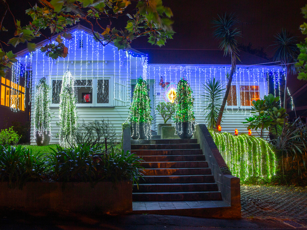 Home in New Zealand decorated with Christmas lights